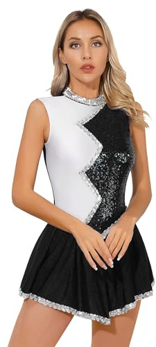 Agoky Damen Paillletten Eiskunstlauf Kleider Ärmellos Stehkragen Kürkleid Farbblock Tanzkleider mit Skaterrock Winter Sport Eislaufen Tanzbekleidung