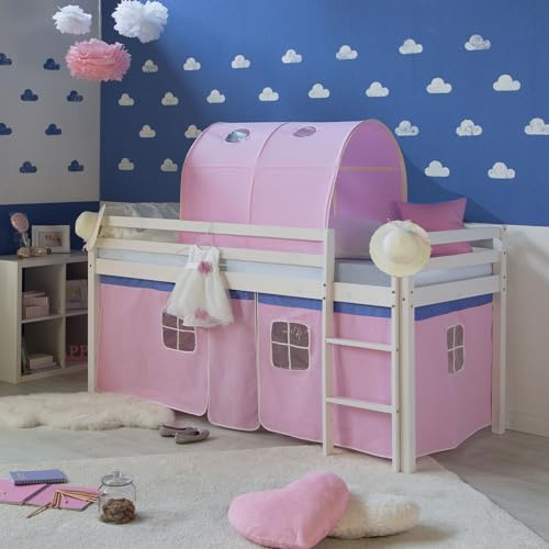 Homestyle4u Kinderhochbett 90x200 cm Weiß - Hochbett Kiefer mit Matratze | Komplettset mit Lattenrost, rosa Vorhang & Tunnel. Stabiles Massivholz - Kinderbett mit Leiter & Absturzsicherung.