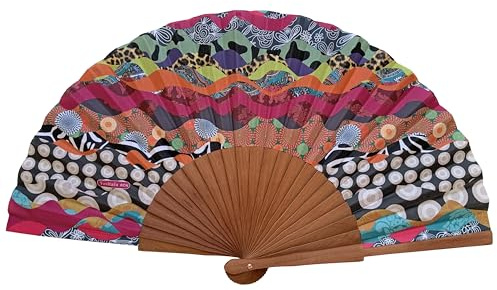 Spanischer Handfächer Olas – Holz und Baumwolle – 23 cm – Jute-Hülle und -Bezug – Modeaccessoire – Handgefertigt in Spanien – Events und Geschenke – Patchwork-Kollektion – Tusitala Barcelona