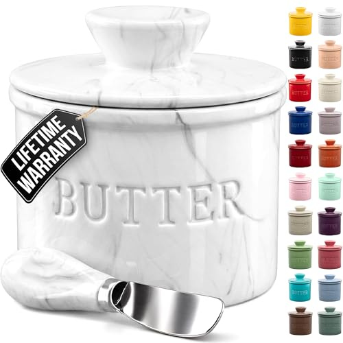 Zulay Kitchen Burriera a forma di campana con coperchio per piano di lavoro con linea d'acqua e coltello spalmatore, porta burro francese in ceramica per burro fresco, morbido e spalmabile, marmo