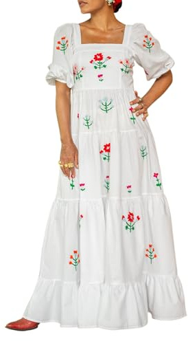 Women Flower Embroidered Maxi Dress Long Puff Sleeve Square Neck Smocked Tiered Bohemian Flowy Dress Beach Long Dress (A-White, XL)
