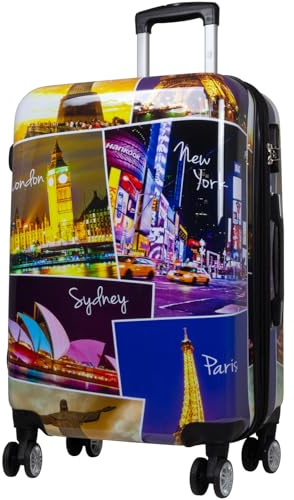 Warenhandel König Hartschalen Koffer Trolley mit hochwertigem Motiv Print Five Cities mit Dehnfalte, Größe L