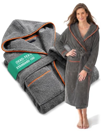 ELEVAVIDA Bademantel Damen mit Kapuze aus kuscheliger Baumwolle - extra weich und bequem - Frottee Sauna Bademantel lang - OEKO-TEX zertifiziert