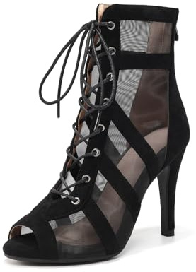 ZYXWVU Bottines de Danse Noir Femme à Lacets Bout Ouvert Chaussures de Danse de Salon pour Salsa Bachata Tango Performance, 39 EU