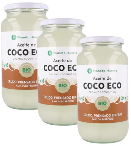 PLANETA HUERTO | Pack 3x Aceite de Coco Virgen Extra Ecológico 860 ml | 100% Puro y Natural - Crudo y Prensado en Frío - Vegano, Sin Gluten y Sin Lactosa - Para Cocinar, Repostería, Piel y Cabello