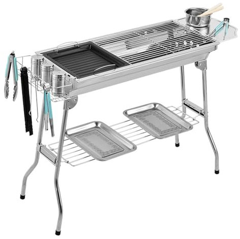 Grill de Barbacoa portátil de Acero Inoxidable, Barbacoa de carbón con Molde para planchas, Superficie de cocción Dual, Estante de Almacenamiento,