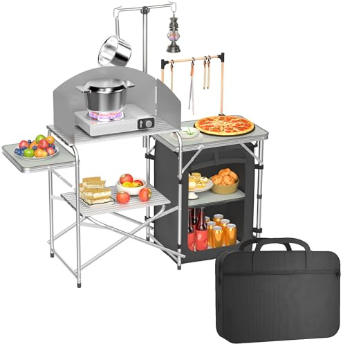 SUBLTETY 146x41x141cm Outdoor Camping Küche Set Faltbare Camping-Schränke inkl. 5mm MDF Platten, Tragetasche, Haken & Metallrahmen & Windschutzscheibe Mobile Zeltschrank für Picknicks Strand Grill