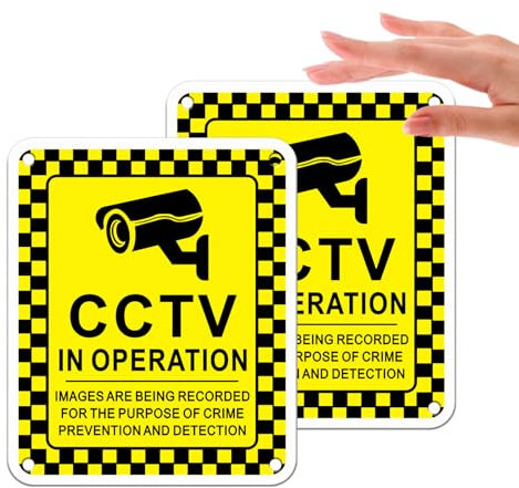 Goodvia CCTV Sign Alu Metal Sticker 4.7x3.9 Inches, CCTV Warning Signs Outdoor Waterproof, UV Resistant and Anti-rust Yellow x2pcs