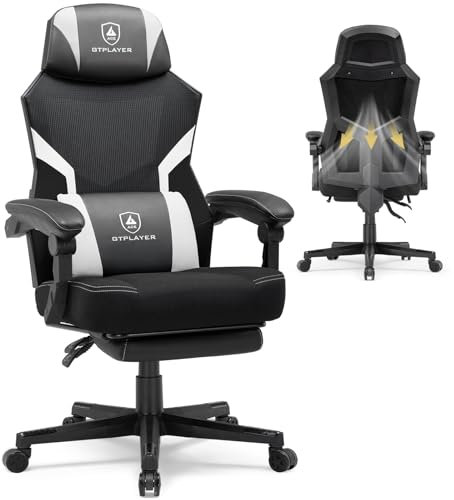 GTPLAYER Gaming Stuhl mit Fußstütze, ergonomischer Bürostuhl mit Netzrückenlehne, Schreibtischstuhl Gaming Sessel aus Stoff für Zuhause und Büro (weiß)