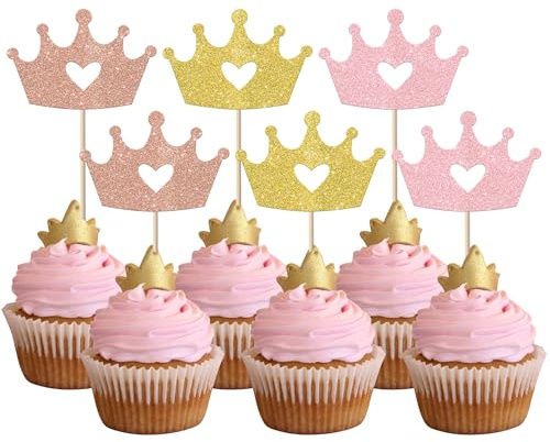 Xsstarmi 24 Pack Crown Cupcake Toppers Glitter Queen Princess Crown Cupcake Picks for Baby Shower Kids Birthday Party Cake Decorations Supplies Multi