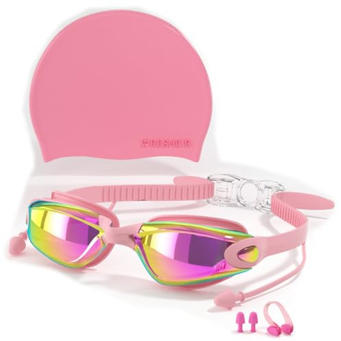 OhMill Juego de gafas de natación unisex chapadas con gorro de natación, visión clara, antivaho, anti-UV, gafas de natación de silicona para mujeres y hombres