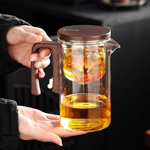 Magic Tea Pot with Strainer and Wooden Handle Glass Teapot for Loose Tea Brewing Press Control Witchcraft Teapot (520ML)