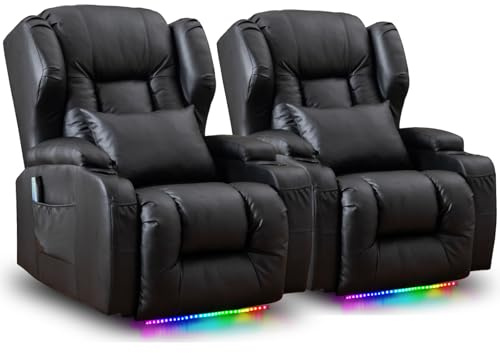 SAMERY Fernsehsessel Elektrisch Verstellbar Relaxsessel mit Liegefunktion Massage Heizung, Kunstleder TV Sessel Wohnzimmer Kinosessel Liegesessel Massagesessel mit Fußteil, USB, LED (Schwarz*2)