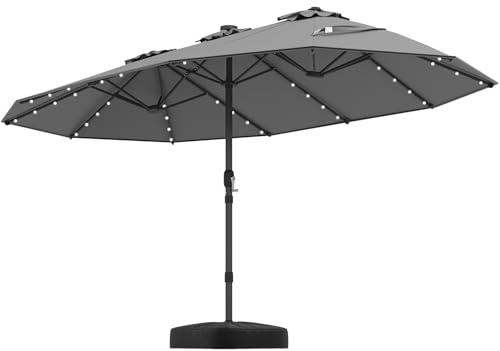 GOPLUS Doppelsonnenschirm 450 x 260 cm, Sonnenschirm mit Ständer & LED Solar, Terrassenschirm mit Kurbel, UPF 50+, Balkonschirm groß, Gartenschirm, Marktschirm Oval für Garten, Terrasse & Pool, Grau