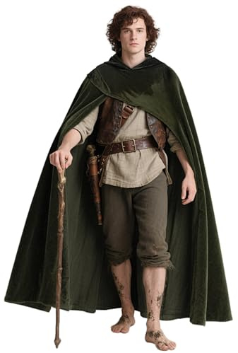 keland medeltida kappa med huva, renässans, huvkappa, hobbit, kostym (armégrön)