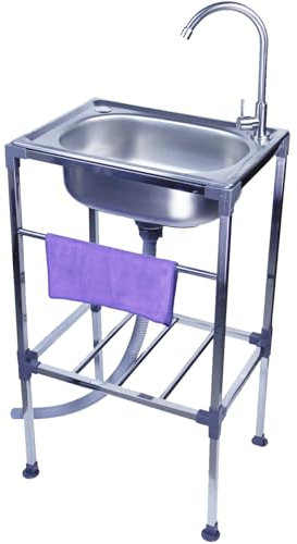 Évier Sur Pieds de Cuisine en Acier Inox 1 Bac Évier De Extérieur Jardin avec Robinet Lavabo Utilitaire Commercial Autoportant ÉVier Pour Garage/Restaurant/Buanderie,Facile à Nettoyer