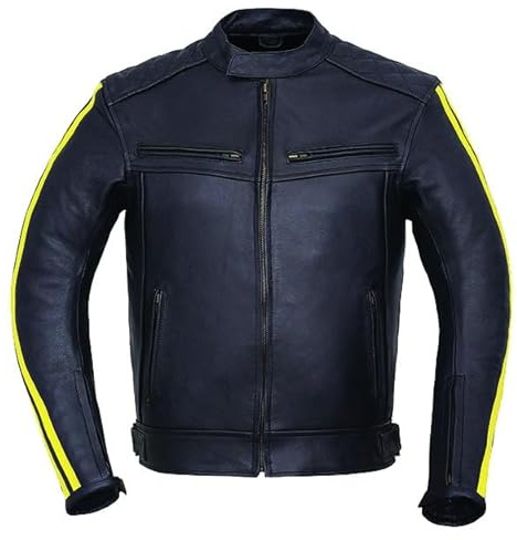 Jet Veste de moto en cuir pour homme, style Cafe Racer avec rayures de course, cuir de vachette véritable, protection motard, avec armure amovible, fentes et poignets zippés ROADLINE, Fluo, L
