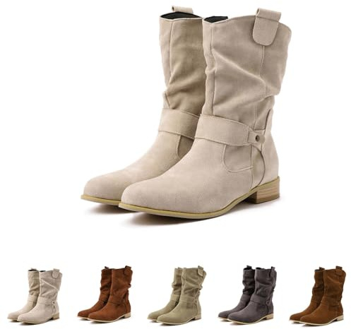 EQWIGKEIT Botas de ante para mujer con tacón, media altura, de entrada fácil, antideslizantes, botas de tobillo, estilo vintage, botas de vaquera, elegantes, ligeras, con tacón en bloque, botas de