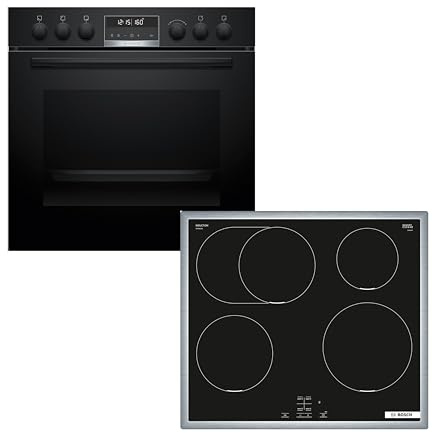 Bosch Einbauherd-Set HND675LS67, Serie 6 Einbau-Herd 60 cm mit Pyrolyse-Selbstreinigung und 3D-Heißluft HEB578BB4, Serie 4 Induktionskochfeld 60 cm mit Rahmen und Power Boost, Herdgesteuert NIF645CB5E