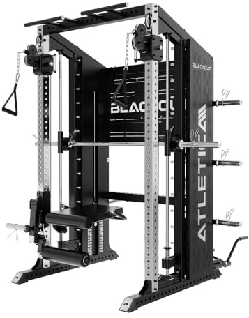 ATLETICA Blackout Station de musculation de qualité supérieure - Multipresse tout-en-un avec hauts en acier inoxydable de 75 x 75 mm - Machine Smith - Entraîneur fonctionnel avec 2 x 90 kg et système
