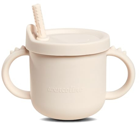 wencolino 2 in 1 Trinkbecher Kinder und Snackbecher „Dino“ aus lebensmittelechtem Silikon Trinklernbecher für Kinder – Maße B 13cm, H 8cm, L 8,5cm, Füllmenge 210ml – Silikon Trinkbecher Baby beige