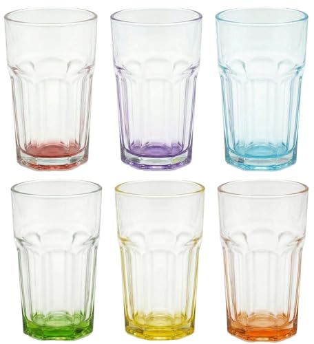 6x Caipirinha Gläser 320 ml mit farbigem Boden – Longdrink Gläser Set mit 6 Farben (Rot, Lila, Blau, Grün, Gelb, Orange) – Cocktailgläser Trinkgläser robust für Bar Party Spülmaschinengeeignet