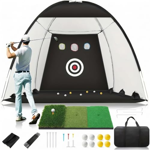 Golf övningsnät med matta – golfslaghjälp för svängträning i din egen trädgård (gnistrande räckvidd, chipping), inklusive målmatta och bollar för män, fäder och golfälskare