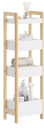 SoBuy Badezimmerschrank Schmal 20cm Breit für Kleines Badezimmer 90x28x20cm | mit 4 Stabilen Regalen, Schmaler Nischenschrank Stehend, Badregal Nischenregal aus Holz FRG226-H-WN