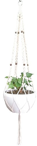 Hanpo Maceta colgante de cuerda de macramé con 4 patas de 59 pulgadas para macetas de 12 a 13 pulgadas, sin maceta ni planta (crema-algodón)