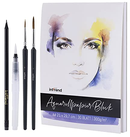 int!rend Aquarellpapier A4 300 g/m² - 30 Seiten - Aquarellblock A4 Malpapier mit Wassertankpinsel & Bleistift - Aquarell Papier für Aquarellfarben - Malblock Watercolor Paper