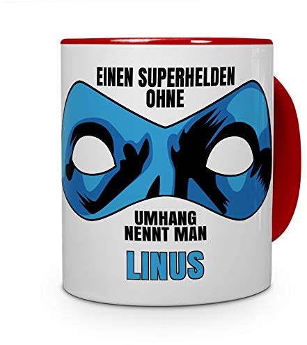 printplanet Tasse mit Namen Linus - Motiv Superhelden ohne Umhang - Namenstasse, Kaffeebecher, Mug, Becher, Kaffeetasse - Farbe Rot