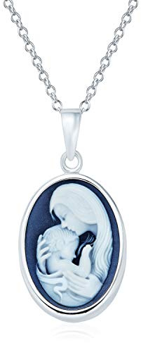 Collier De Style Antique Classique En Argent Sterling Bleu Blanc Sculpté Ovale Avec Cadre Simple Pour Portrait De Femme Victorienne Mère Et Enfant Collier Pour Femmes En Argent Sterling .925