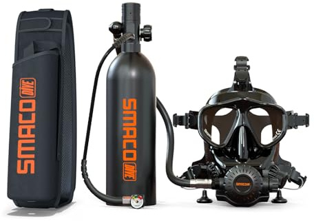 SMACO Mini Tauchflasche mit Tauchmaske 1L Mini Sauerstoffflasche Taucherflasche mit Vollgesichtsmaske Tauchermaske,S400 PRO Taucherflasche für Bootsreinigung Unterwasser Erkundung und Rettung