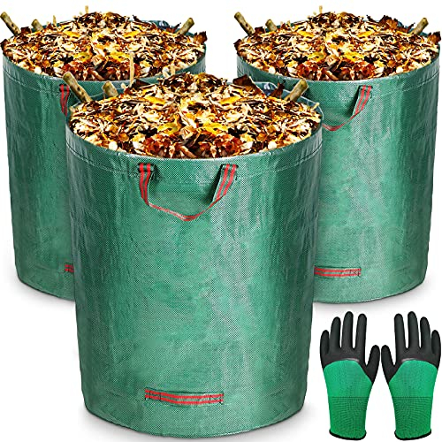 MOOING 3xSacchi da giardinaggio Professional 300L,Sacchi per rifiuti da giardino,impermeabili,Polipropilene (PP)-Robusto, Antistrappo,e riutilizzabili Borsa da Giardino,Include Guanti protettivi