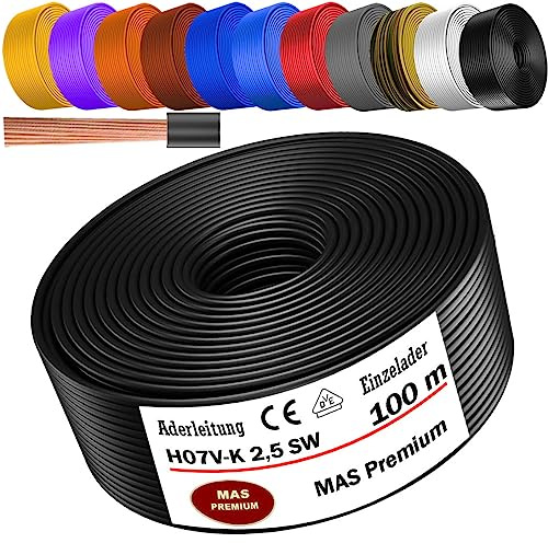MAS Premium Aderleitung H07 V-K 1x2,5 mm² HBL GRGE RT DBL BR OR GR WS VIO oder GE Einzelader flexibel Von 5 bis 100m (Schwarz, 100m)