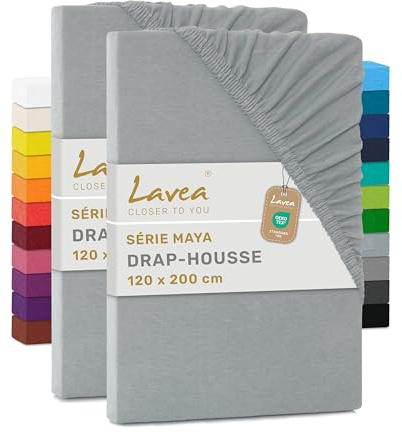 Lavea® 2er Pack Jersey Spannbettlaken 120x200cm – Silber | 100% Baumwolle – Weiches Bettlaken für Matratzen bis 20 cm Höhe – Formstabil und Langlebig