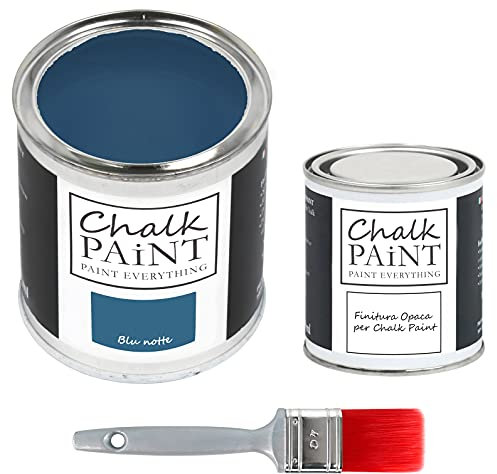 CHALK PAINT EVERYTHING Blu Notte & FINITURA + PENNELLO - Kit Pronto Vernicia e Proteggi (750 ml Colore + 250 ml Finitura + Pennello Professionale 40 mm)