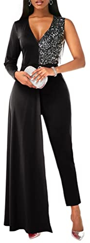 seiveini Damen Jumpsuit Elegant Overall Langarm V-Ausschnitt Playsuit Blazer Set Hosenanzug Einfarbig Onesie Hohe Taille Ganzkörperanzug A Schwarz XL