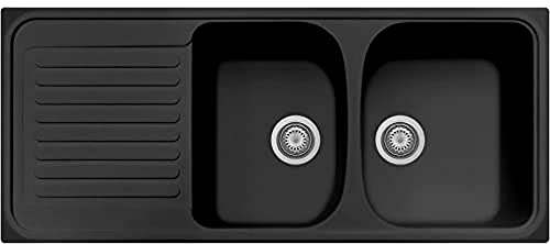 Plados Lavello in quarzo da cucina incasso HR1162 due vasche più scolapiatti - Nero Matt