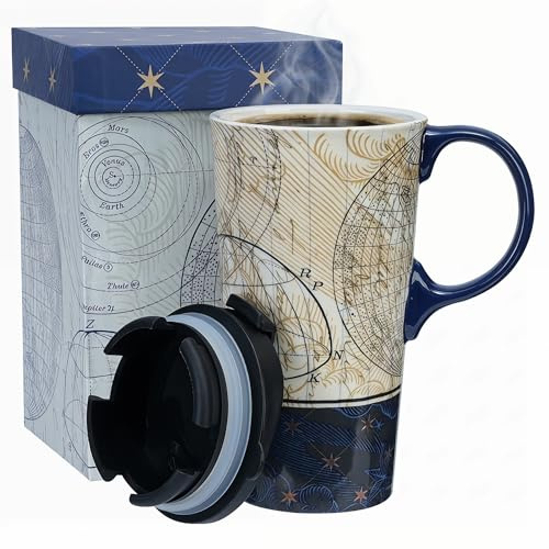 DUSVALLY Ceramic Travel Mug with Lid, 500ml/17oz Coffee Cup with Handle, Celestial Star Map Tea Mug, Microwave & Dishwasher Safe, Gift Box Included