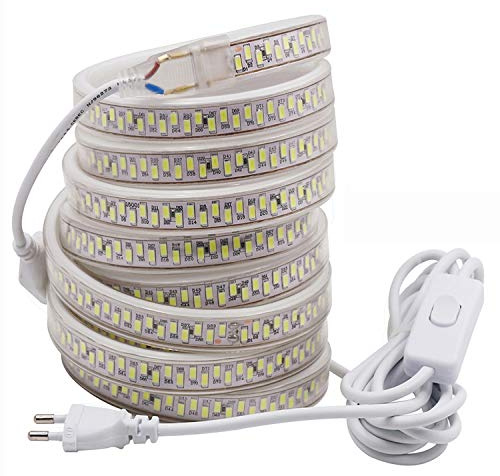 FOLGEMIR 20m LED Band mit Schalter - Kalt Weiß, 220V 230V Strip, 5630 SMD 180 Leds/m Streifen, sehr helle Beleuchtung, IP65 wasserdicht