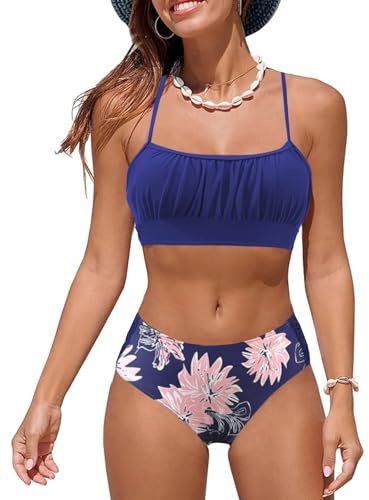 Costumi da Bagno per Donna a Due Pezzi Ruched Bandeau Bikini Set Regolabile Tracolla Costumi Donna Imbottito Push Up Bikini Top Sgambata a Vita Alta Fond Beachwear Swimwear(Navy/Foglia,XL)