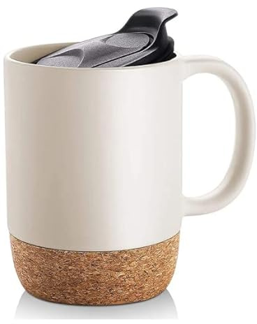 WRKFH Large Ceramic Coffee Cup Mug with lid and Cork Bottom Base Work from Home (White)