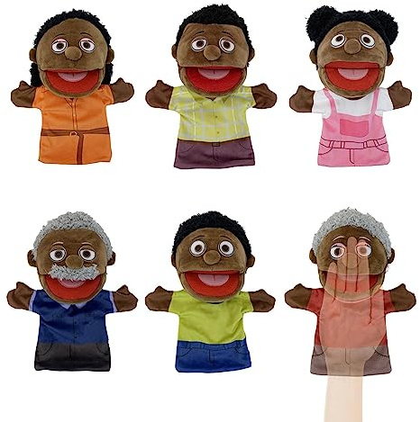 Lot de 6 marionnettes à main noires pour école, école, membres de la famille, marionnettes noires de 28 cm, pour filles et garçons, poupées multiculturelles avec bouche mobile Yusheng