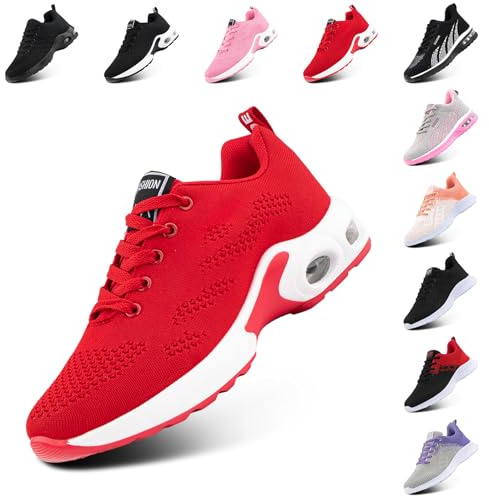 Hitmars Laufschuhe Damen Sportschuhe Turnschuhe Atmungsaktiv Luftpolster rutschfeste Leichtgewichts Straßenlaufschuhe Sneaker Joggingschuhe Walkingschuhe Fitness Schuhe Rot EU 39