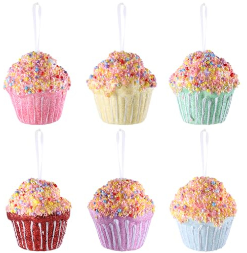 6Pcs Cupcake Party Decorations Ornaments, Hanging Christmas Tree Candy Gift, Macaron Color Dessert Cupcake Pendant Set for Xmas New Year Easter Birthday Home Party Supplies (Cupcake)