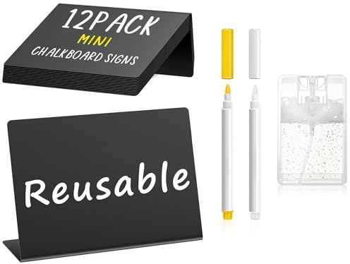 PigPotParty 12 Pcs Food Labels for Party Buffet, 4x3 Mini Chalkboard Signs for Food Display, Table Place Cards - Name Tags- Small Chalk Board Signs, w/Cleaning Spray & 2 Markers