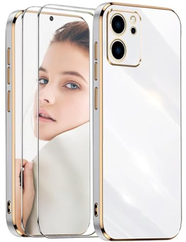 ATISIJIE Funda para XiaoMi 13T / 13T Pro,Antigolpes Carcasa Flexible de Silicona Suave con 2× Cristal Templado,Diseño Marco Dorado Cubierta Protectora-Blanco