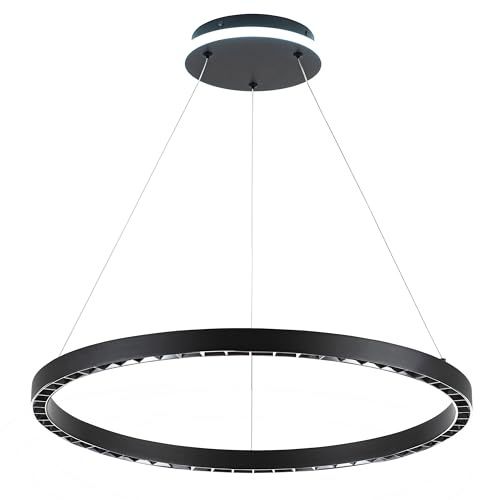 SUNMOO Black Modern LED Chandelier 1-Ring Circular Pendant Light 6000K 36W Dimmable Hanging Light Fixtures for Dining Room Kitchen Island Bedroom Living Room Foyer Stairway