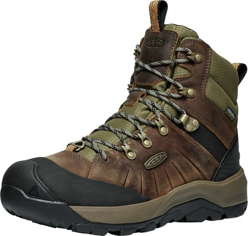 KEEN Men's Revel 4 Mid Height Polar Insulated Waterproof Snow Boots, Bison/Orange Pepper, 10.5